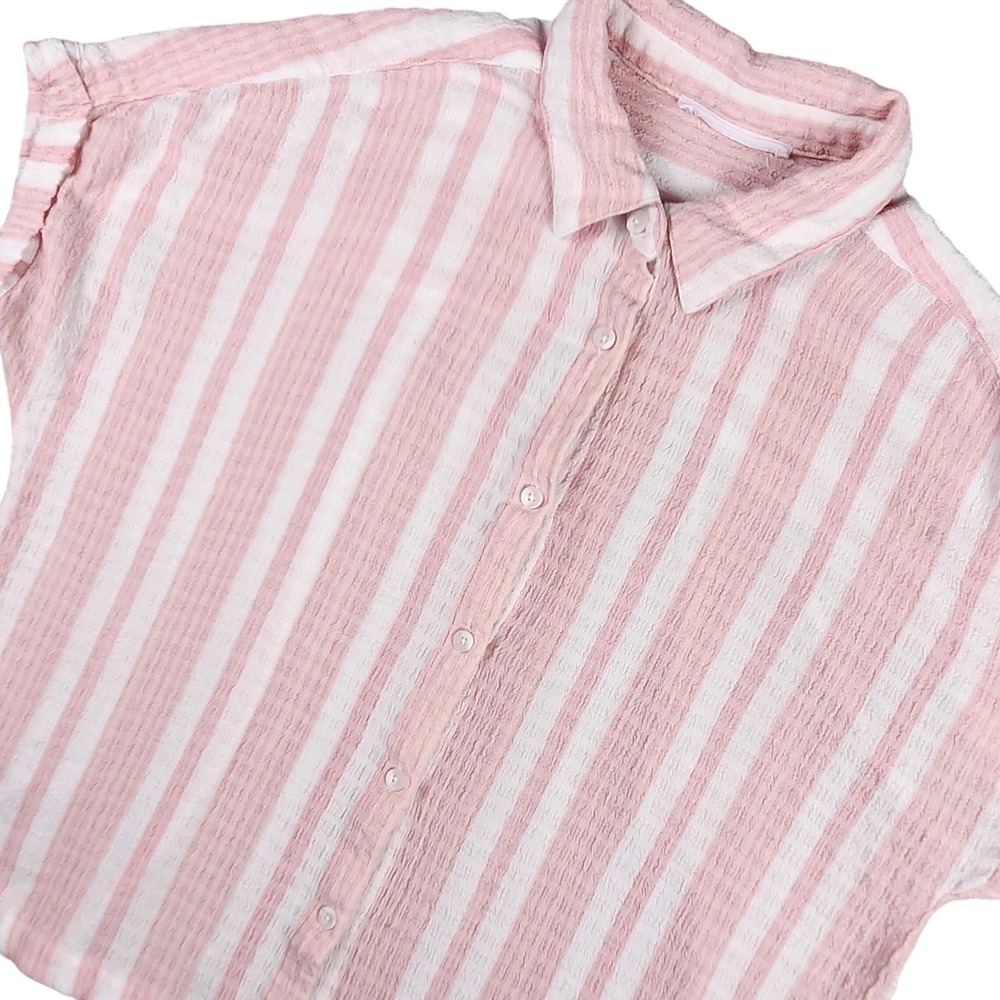 Jane + Delancey Button Down Women Medium Pink Striped Seersucker Short‎ Sleeve